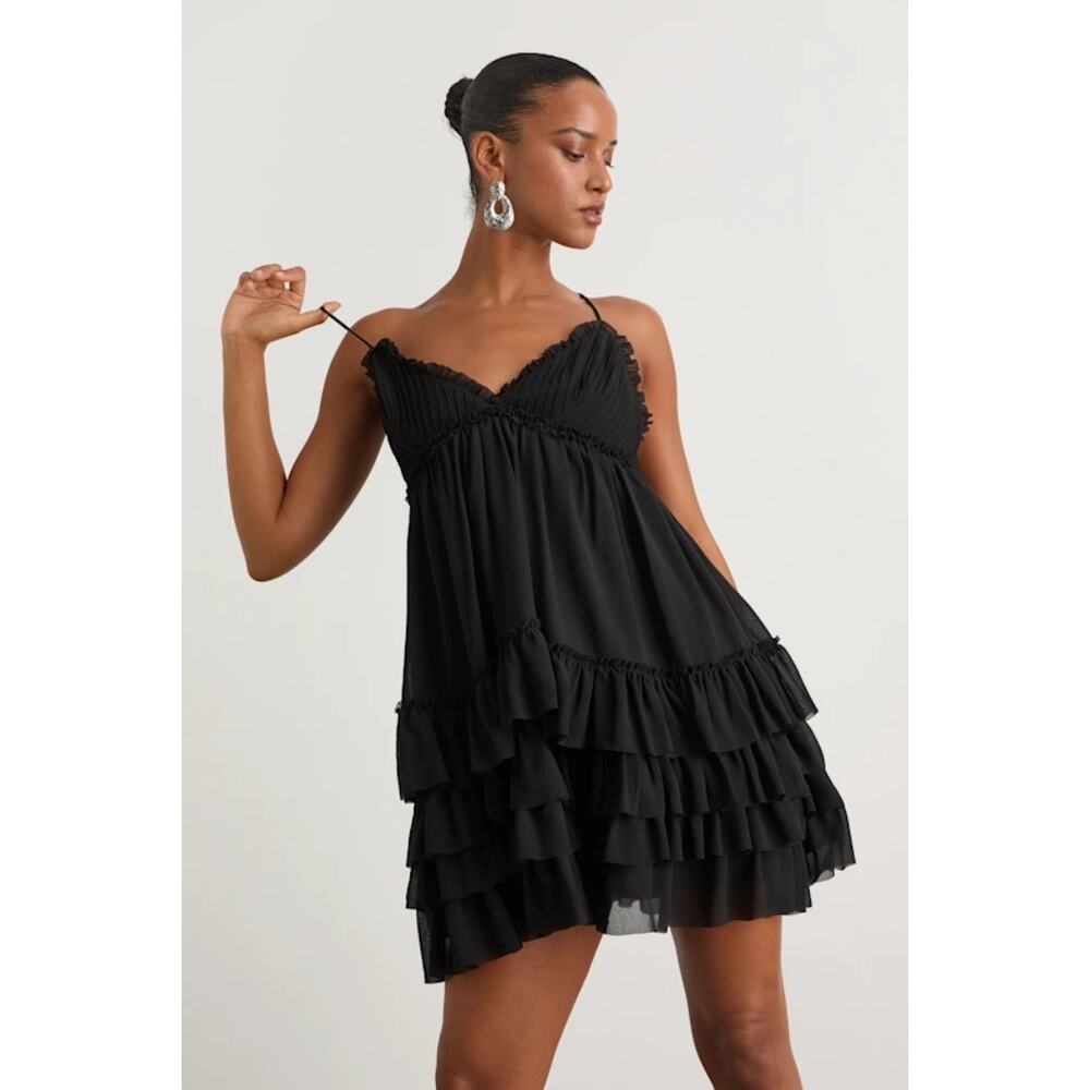 NWT Lulus Asuka Black Ruffled Tiered Mini Dress Party Night Out Swing Size M